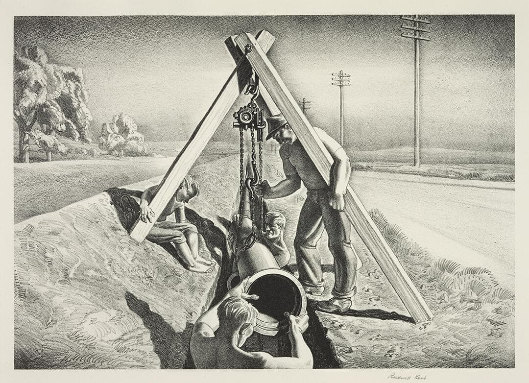 [Workmen Lowering Pipe Section Onto a Ditch]