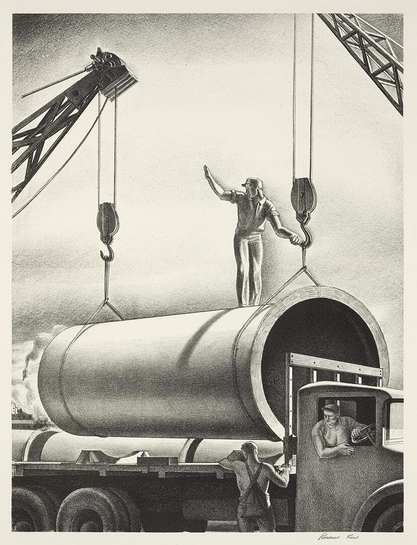 [Workmen Lowering Pipe Section Onto a Truck]
