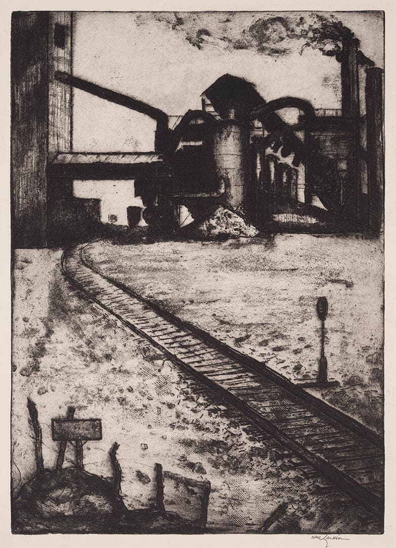 Factory Scene with Approaching Railroad