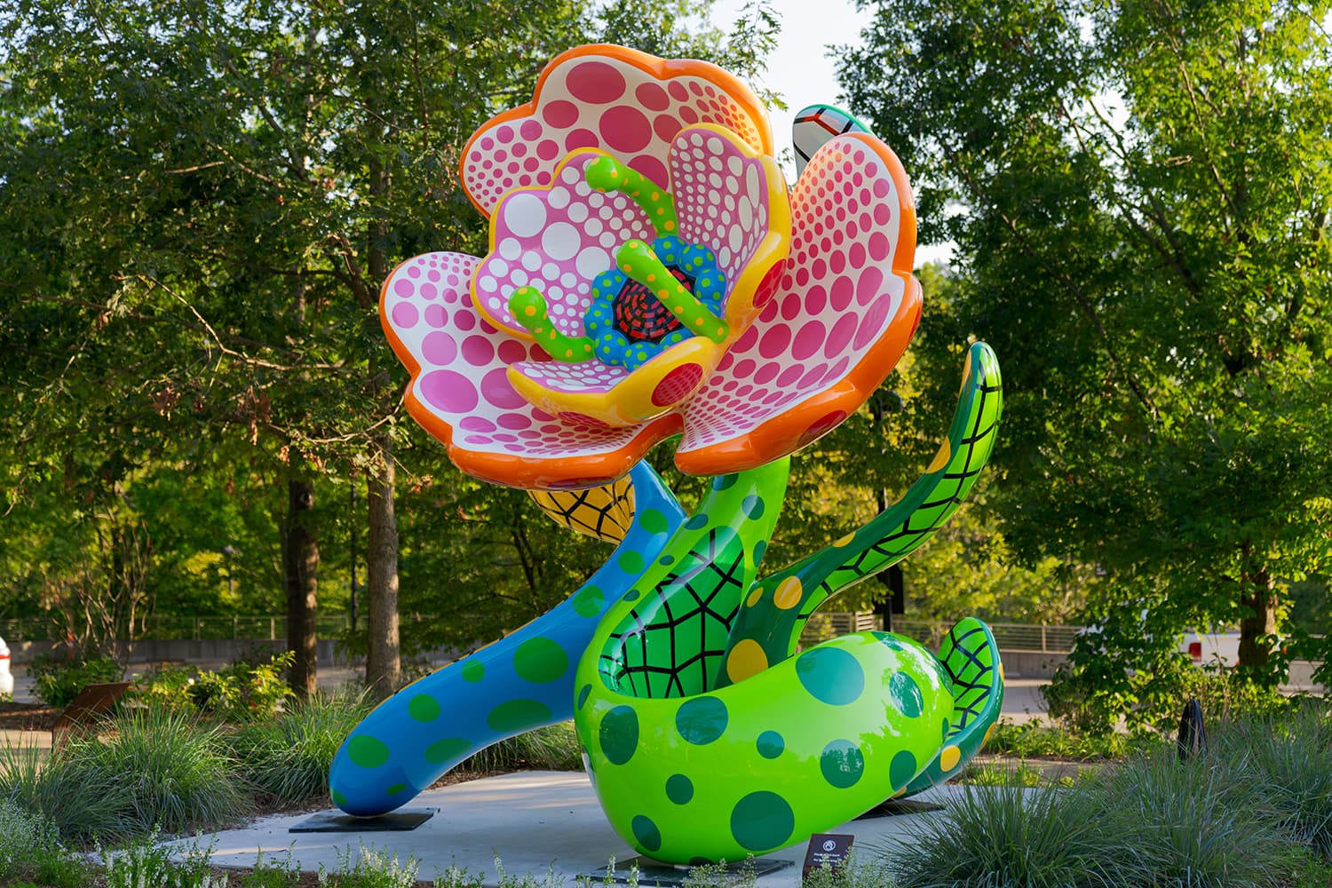 Kusama flowers on the trails at Crystal Bridges
